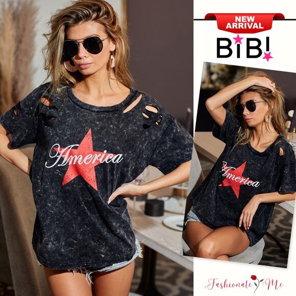 BiBi Laser Cut Mineral Washed American Print Short Sleeves Top | Black Charcoal - Picture 1 of 9